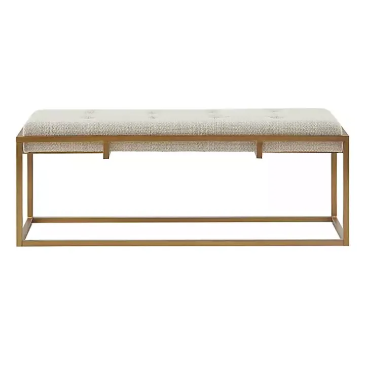 Tan Tufted Bronze Metal Bench