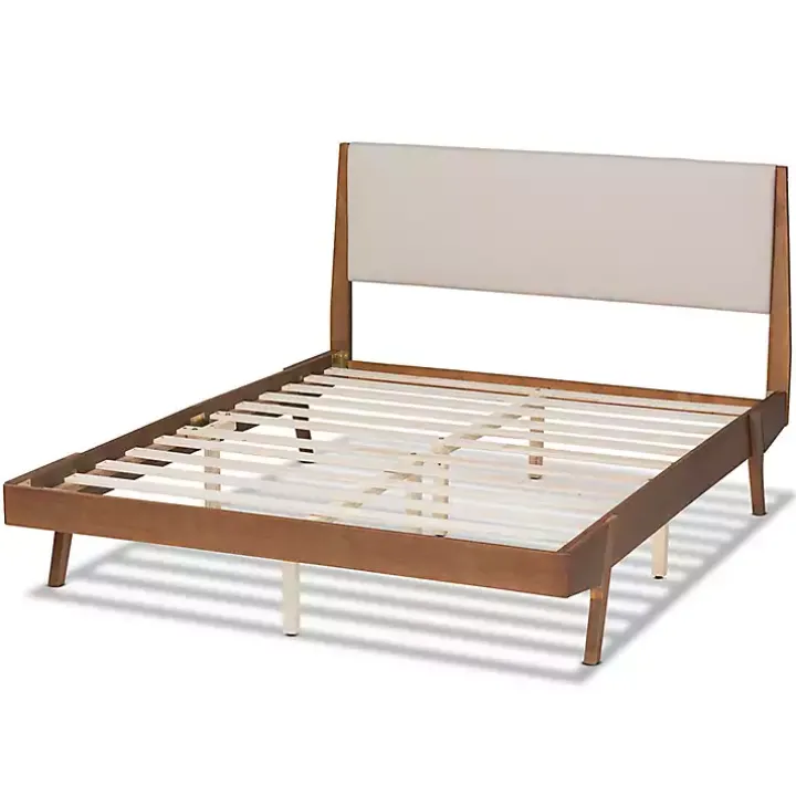 Tan Upholstered Brown Wood Full Platform Bed