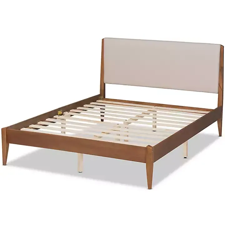 Tan Upholstered Brown Wood King Platform Bed