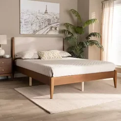 Tan Upholstered Brown Wood King Platform Bed