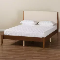 Tan Upholstered Brown Wood King Platform Bed
