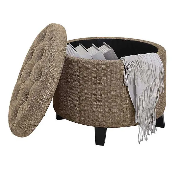 Tan Upholstered Eliza Round Storage Ottoman