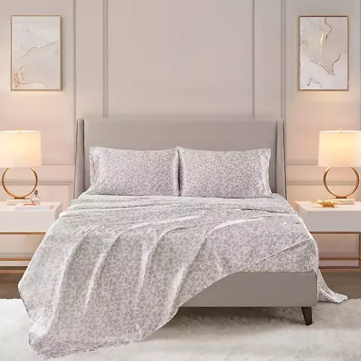 Taupe Leopard Print Satin 4-pc. King Sheet Set