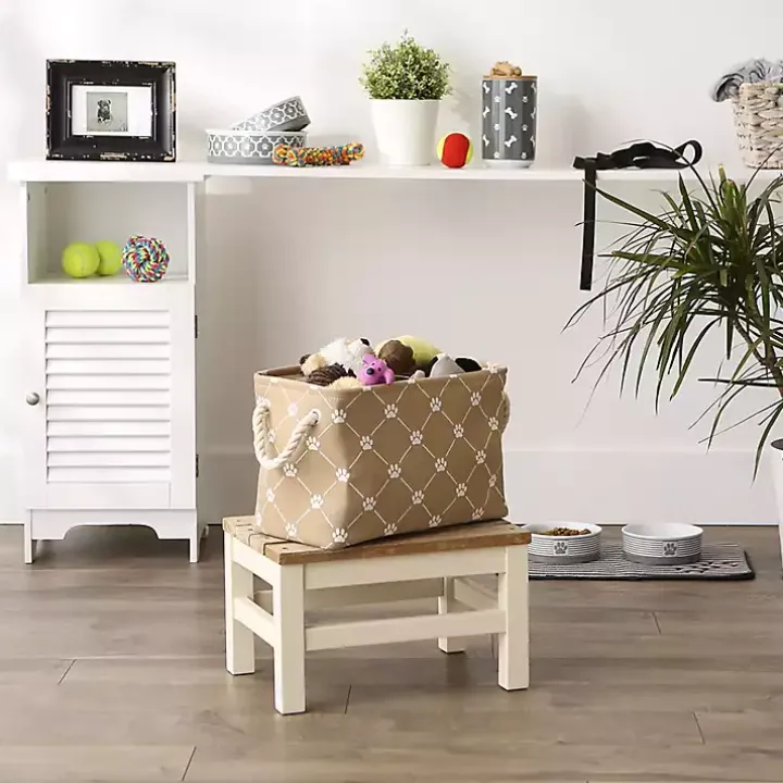 Taupe Trellis Paw Print Storage Basket, 14 in.