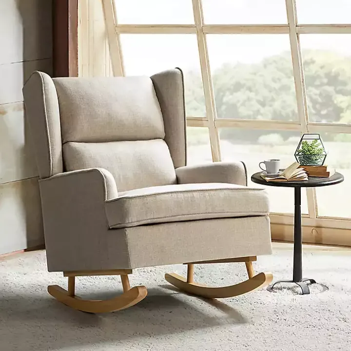 Taupe Upholstered Natural Base Wingback Rocker