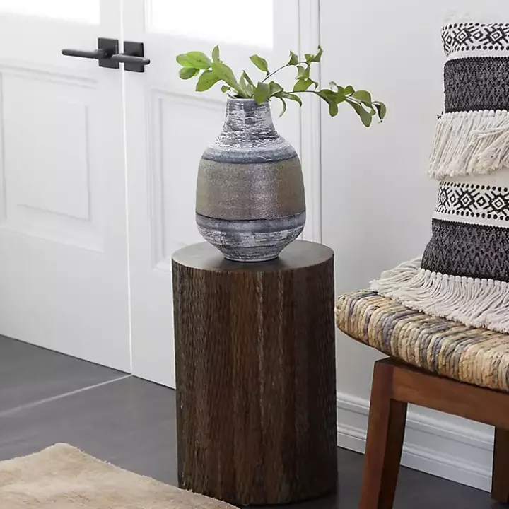 Teak Wood Drum Accent Table