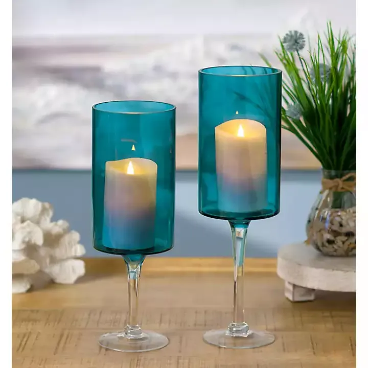 Turquoise Glass Hurricane Candle Holders, Set of 2