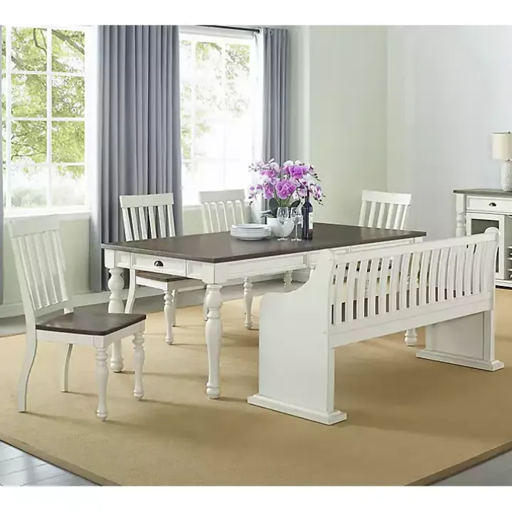 Two-Tone Dark Oak and Ivory High Back Wooden Bench