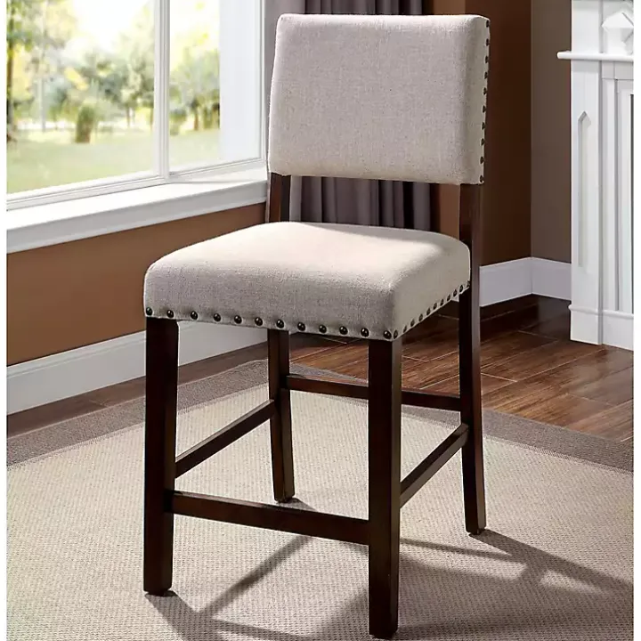 Upholstered Cherry Finish Counter Stools, Set of 2