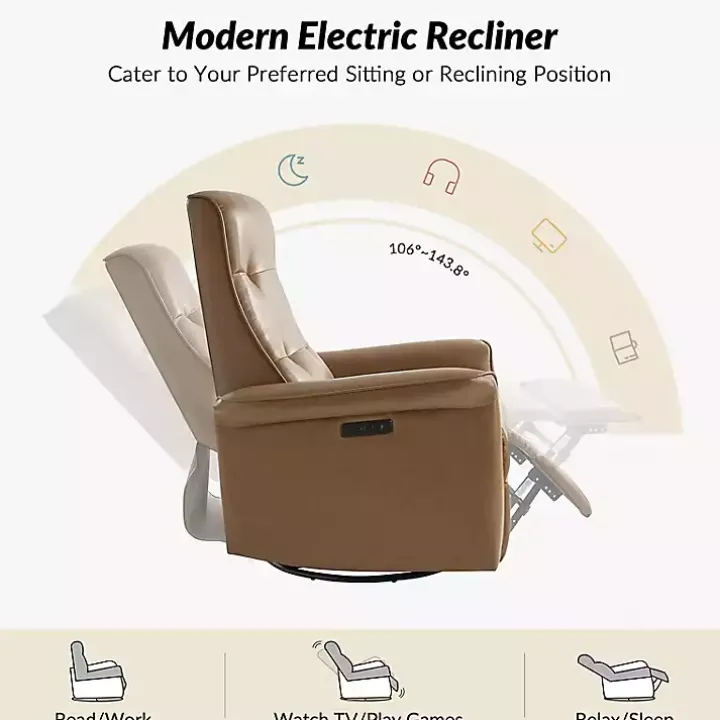 Val Brown Faux Leather Swivel Power Recliner