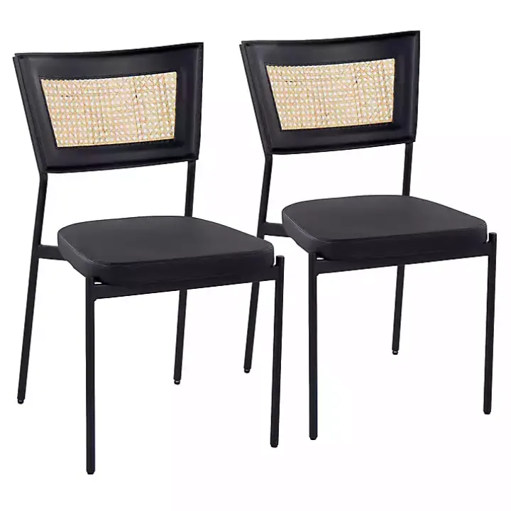 Vegan Leather and Rattan Dining Chairs, Set of 2