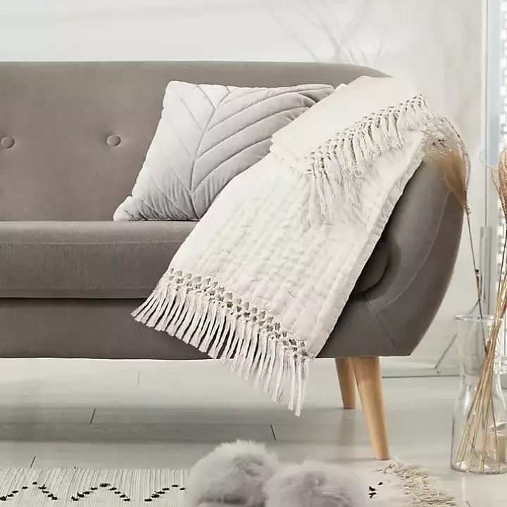 Vintage Ivory Cotton Fringe Throw
