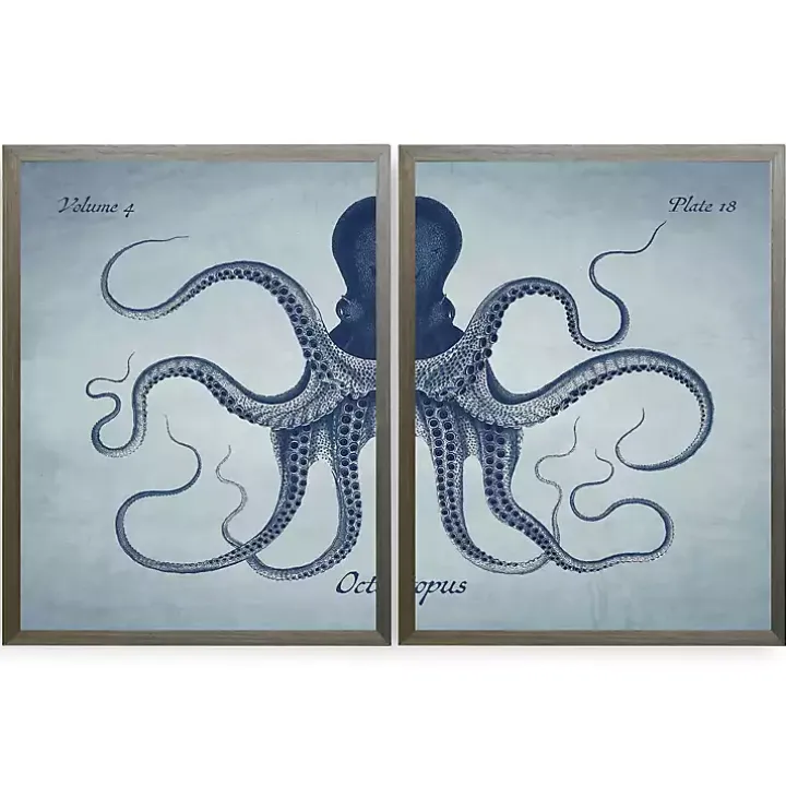 Vintage Split Octopus Framed Art Prints, Set of 2