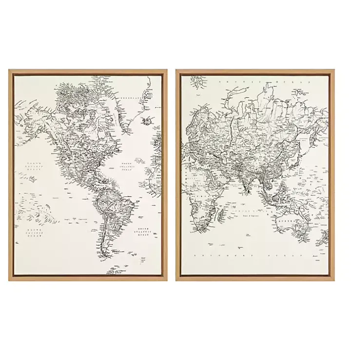 Vintage World Map Framed Canvas Art, Set of 2