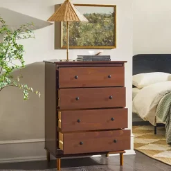 Walnut Mid-Century Modern 4-Drawer Wood Dresser