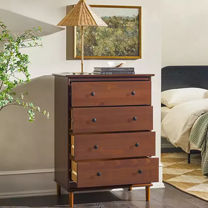 Walnut Mid-Century Modern 4-Drawer Wood Dresser
