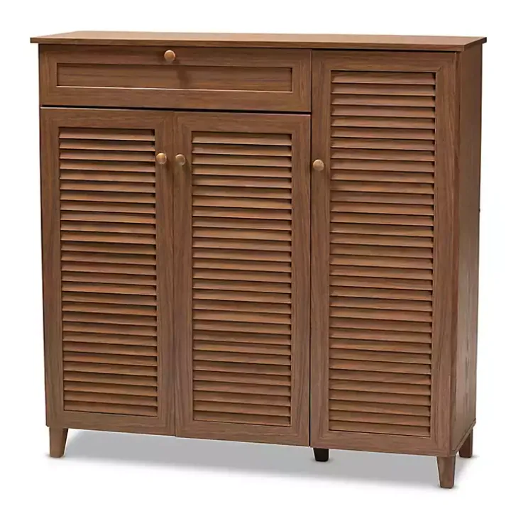 Walnut Wood 11-Shelf Paneled Shoe Cabinet