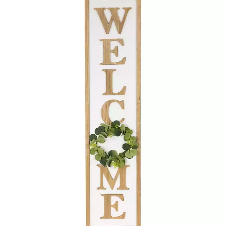 Welcome Eucalyptus Wreath White Porch Board