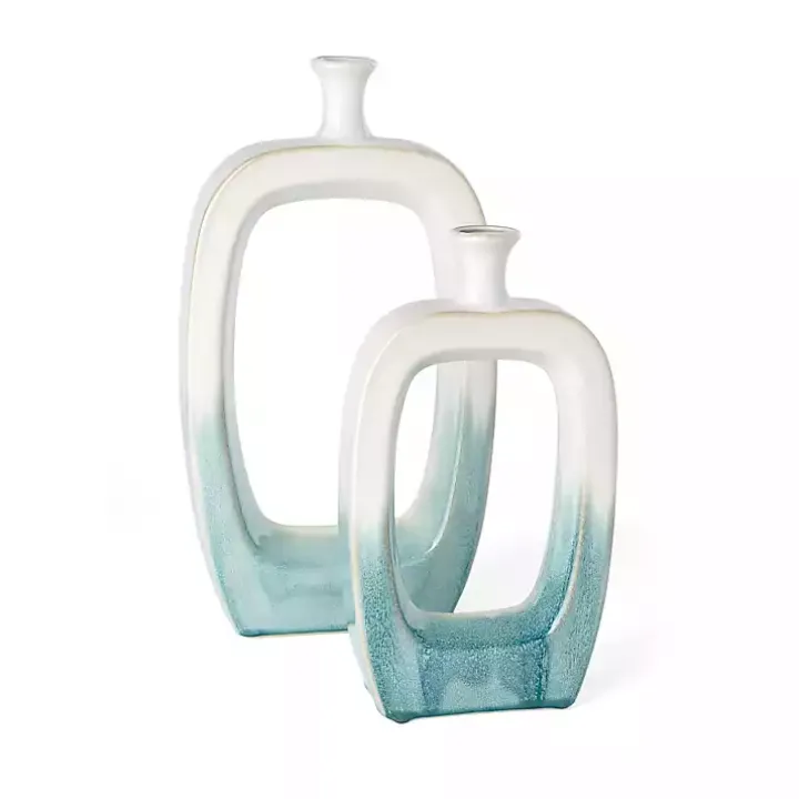 White & Turquoise Ceramic Cut-Out Vase, 18 in.