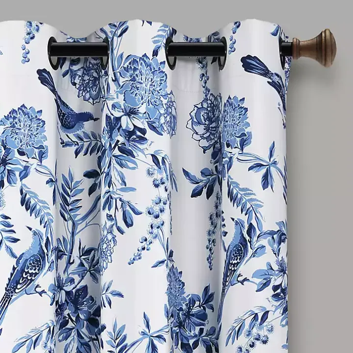White and Blue Grommet Curtain Panel Set, 84 in.