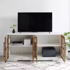 White and Rustic Oak Glass Door TV Stand