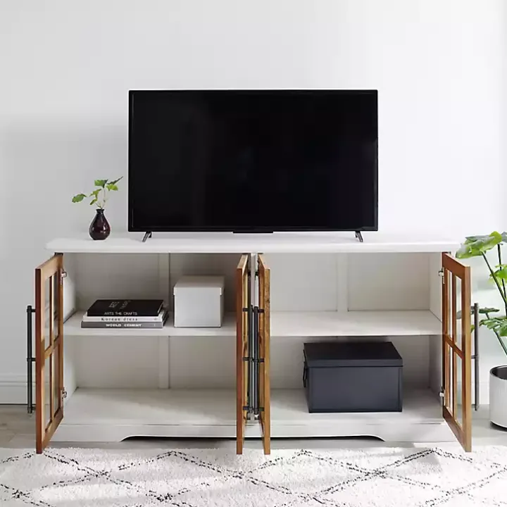 White and Rustic Oak Glass Door TV Stand