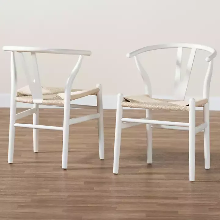 White and Tan Wishbone Dining Chairs, Set of 2