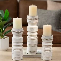 White Beaded Wood Pillar Candle Holder, 8 in.