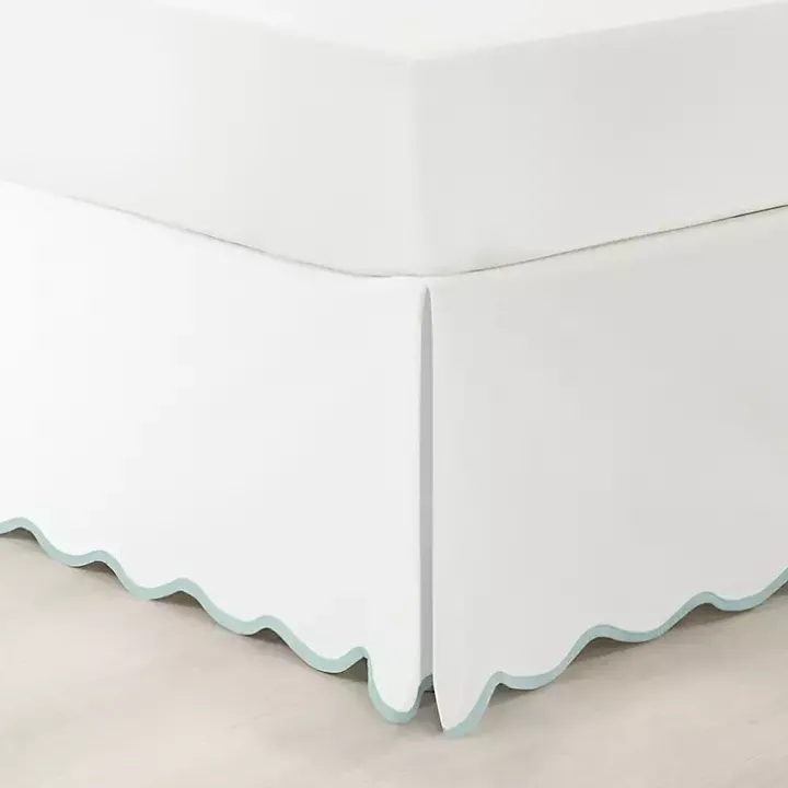 White Blue Scalloped Coastal Queen Bed Skirt