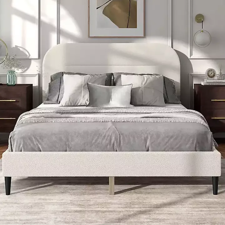 White Boucle Upholstered Sara Queen Bed