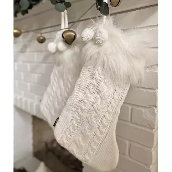 White Cable Knit Stockings with Fur Trim, Set of 2