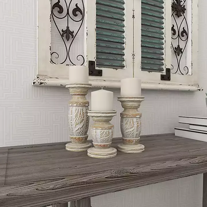 White Carved Wood Candle Holders, Set of 3