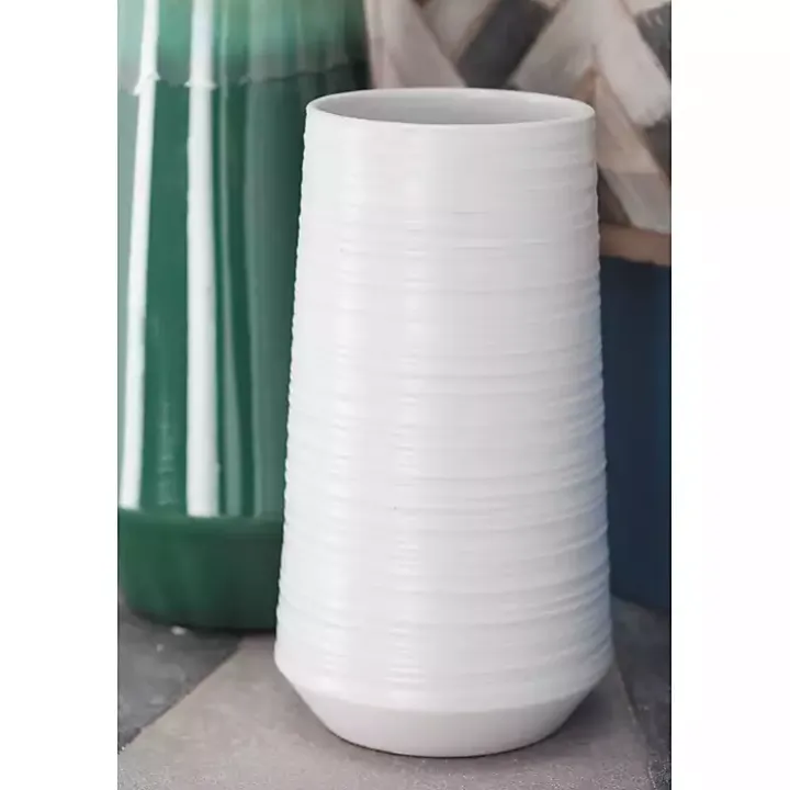White Ceramic Ribbed Vase, 12 in.