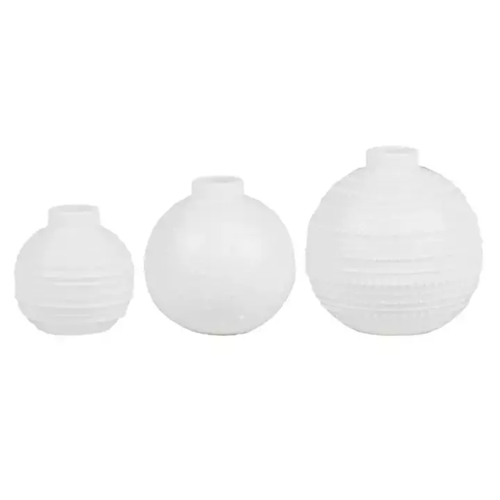 White Ceramic Round Textured Mini Vases, Set of 3