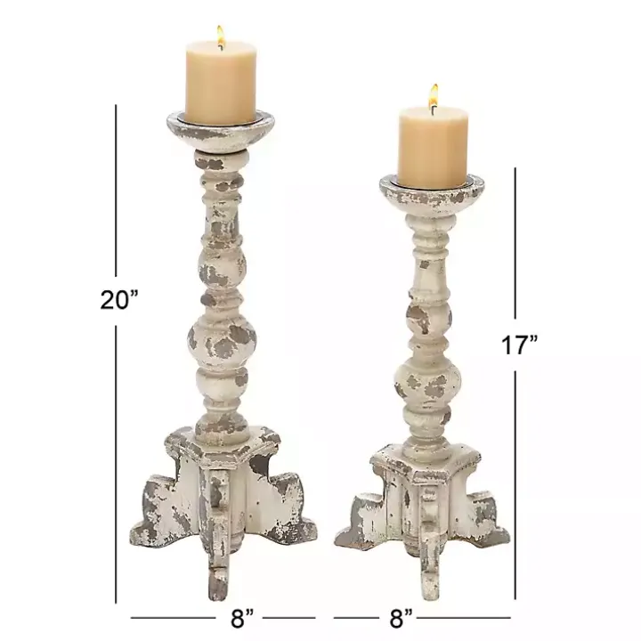 White Chipped Wood Pillar Candle Holders, Set of 2