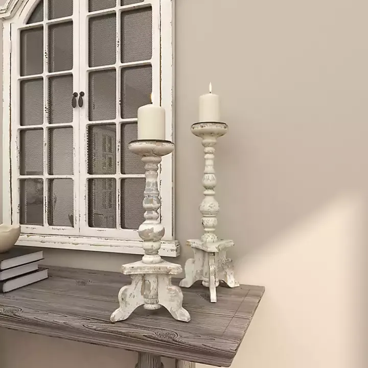 White Chipped Wood Pillar Candle Holders, Set of 2