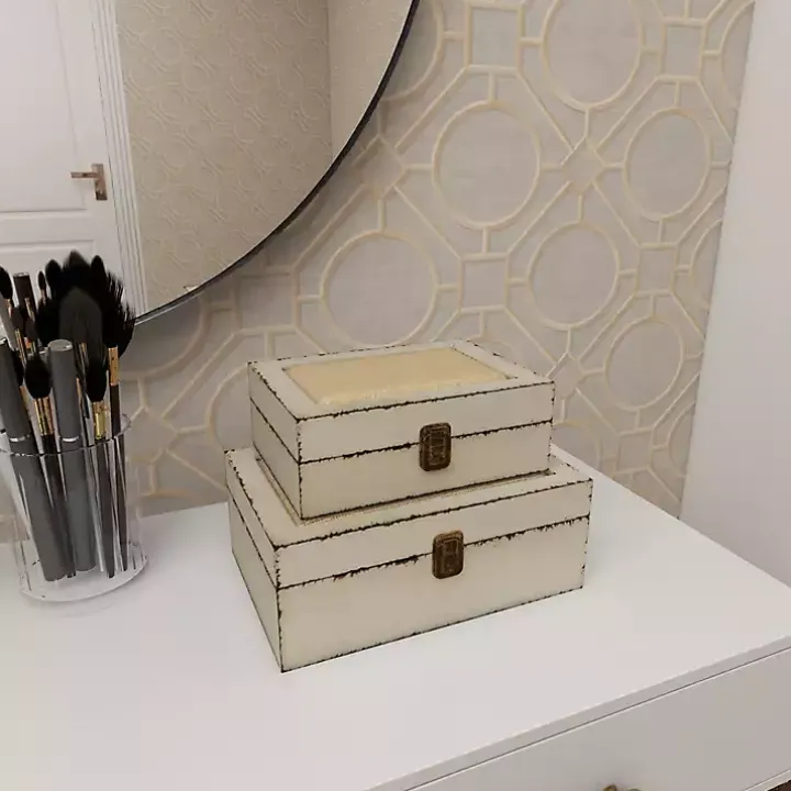 White Distressed Burlap Wooden Boxes, Set of 2