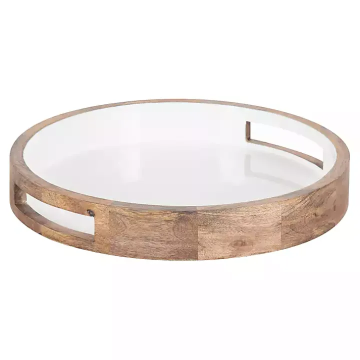 White Enameled Round Mango Wood Tray