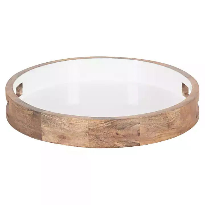White Enameled Round Mango Wood Tray