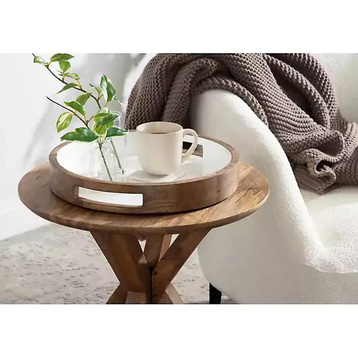 White Enameled Round Mango Wood Tray