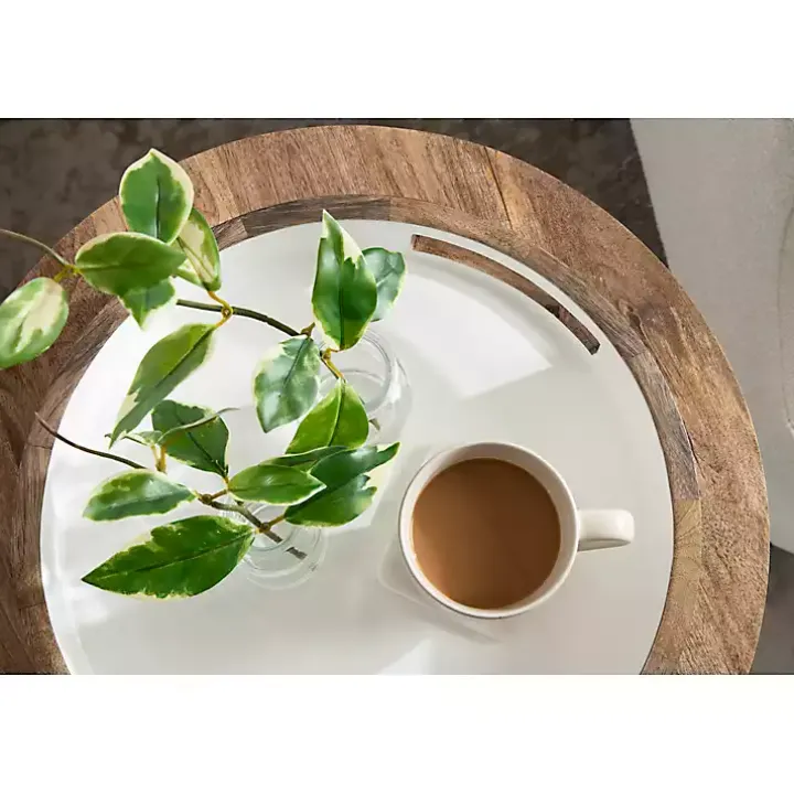 White Enameled Round Mango Wood Tray