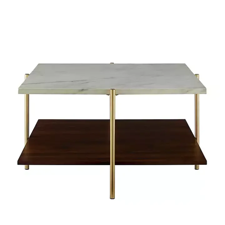 White Faux Marble and Brown Wood Coffee Table