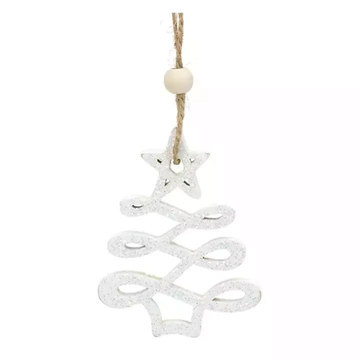 White Glitter Trees Christmas Ornaments, Set of 9