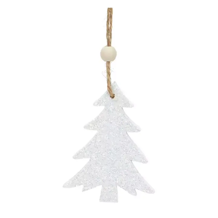 White Glitter Trees Christmas Ornaments, Set of 9