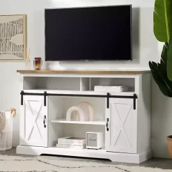 White Highboy Sliding Barn Door Media Cabinet