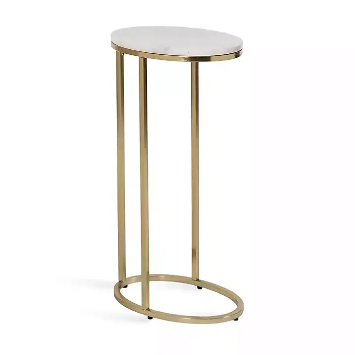 White Marble and Gold Oval C-Shape Accent Table