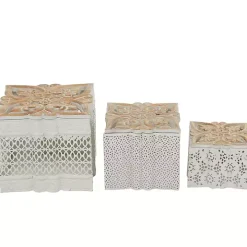 White Metal and Carved Wood Boxes, Set of 3