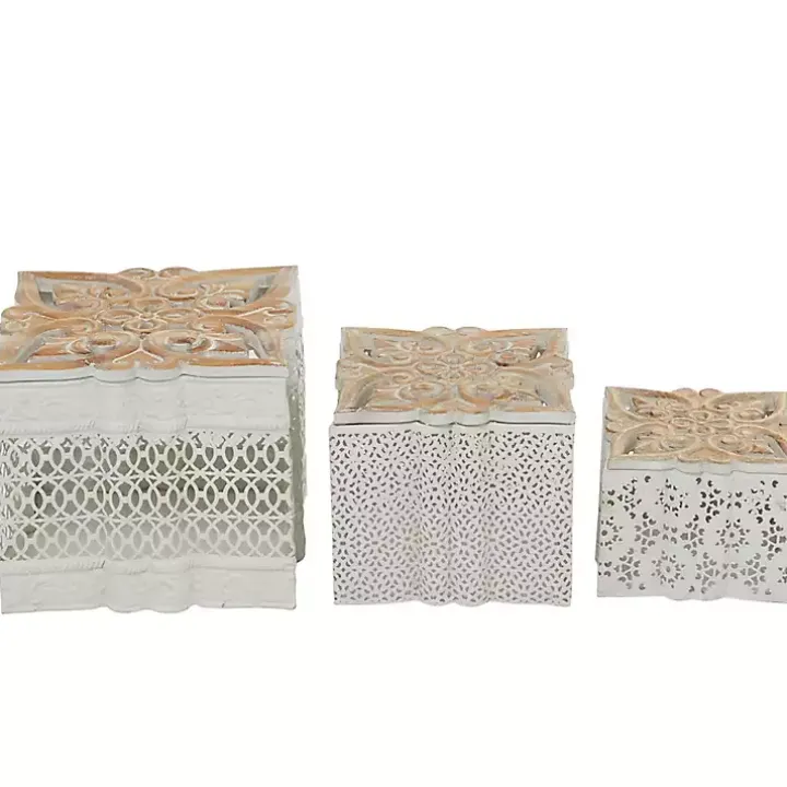 White Metal and Carved Wood Boxes, Set of 3