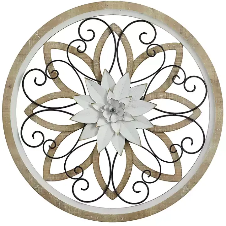 White Metal and Wood Floral Round Wall Plaque