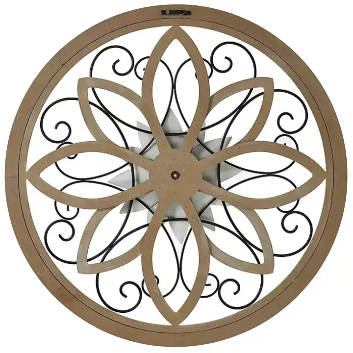 White Metal and Wood Floral Round Wall Plaque